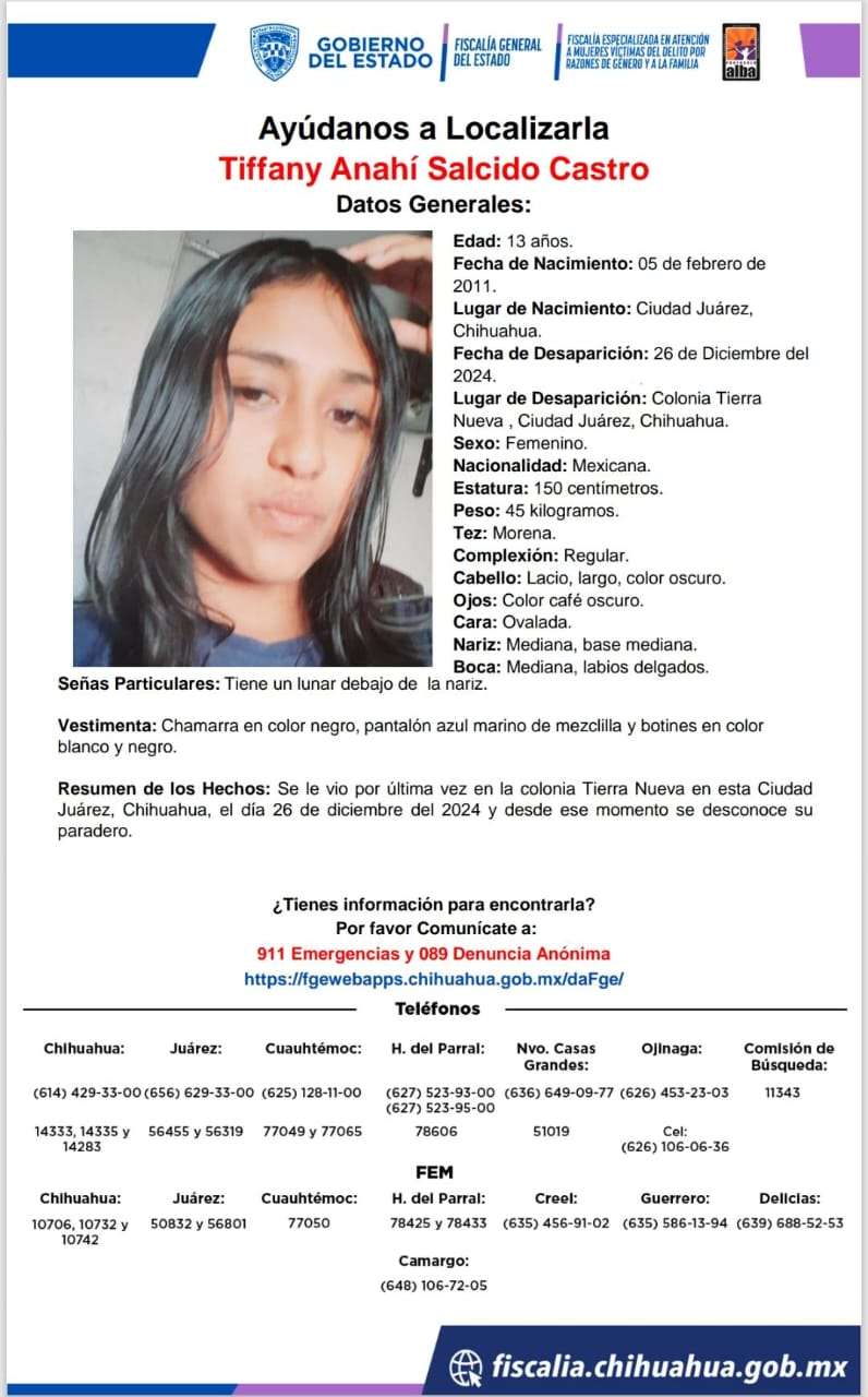 Desaparece Tiffany Anahí, adolescente de 13 años