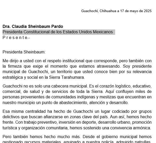 Solicita Alcalde de Guachochi a Sheinbaum atención urgente a crisis de seguridad