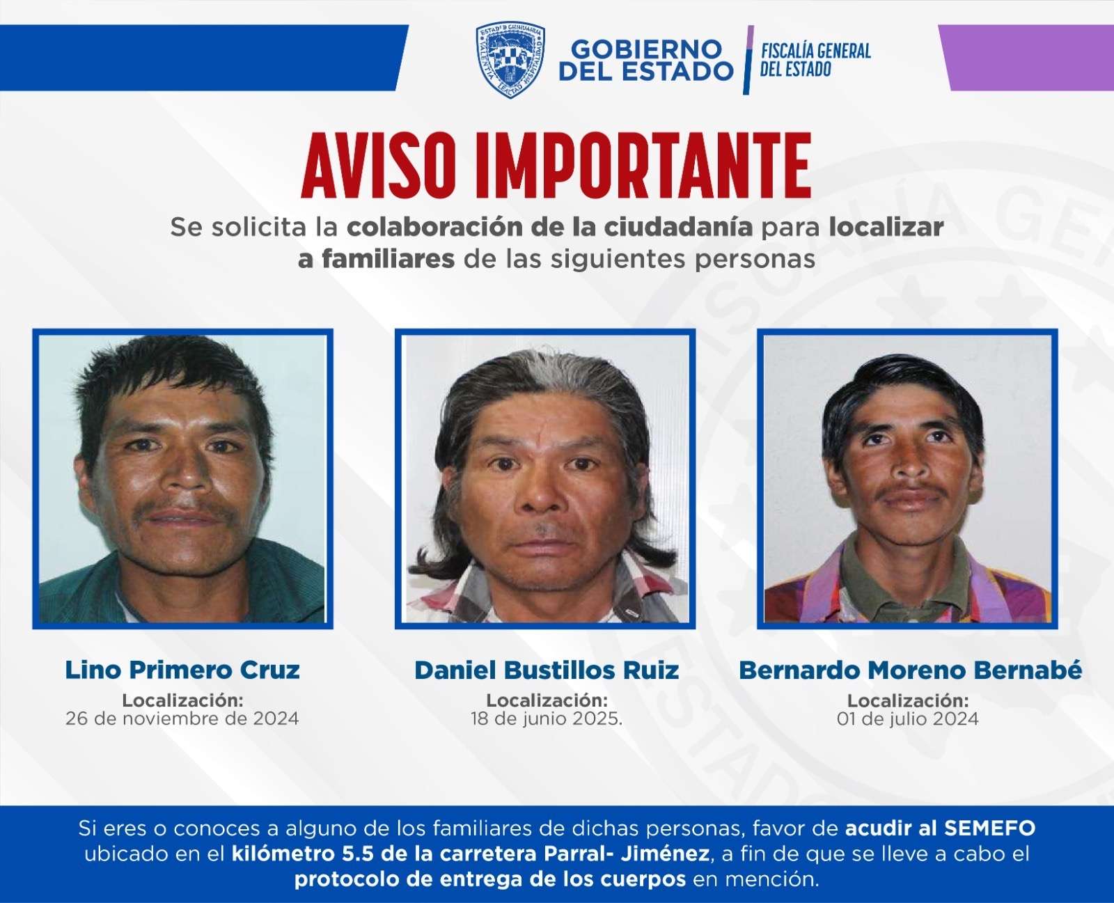 Solicitan apoyo para localizar a familiares de tres hombres