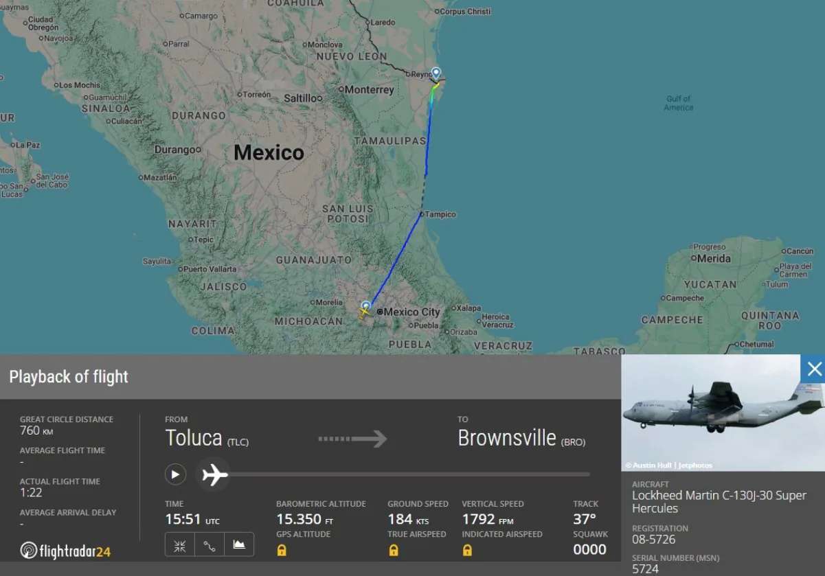 Ruta de avión militar de Estados Unidos, el cual habría aterrizado en el Aeropuerto de Toluca.