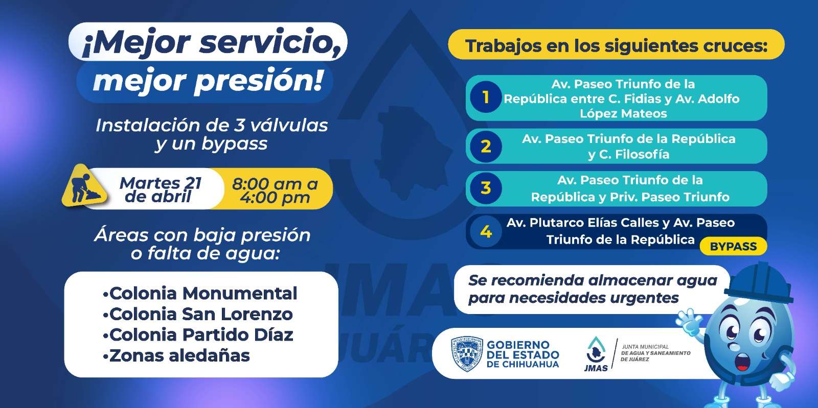 Anuncian corte de agua en varias colonias por mantenimiento