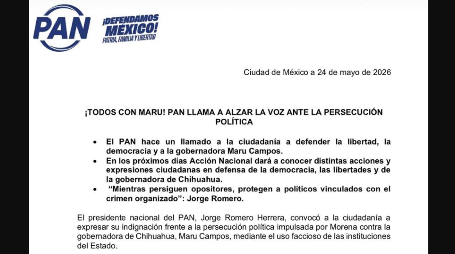 Llama PAN a alzar la voz ante persecución política contra Maru Campos