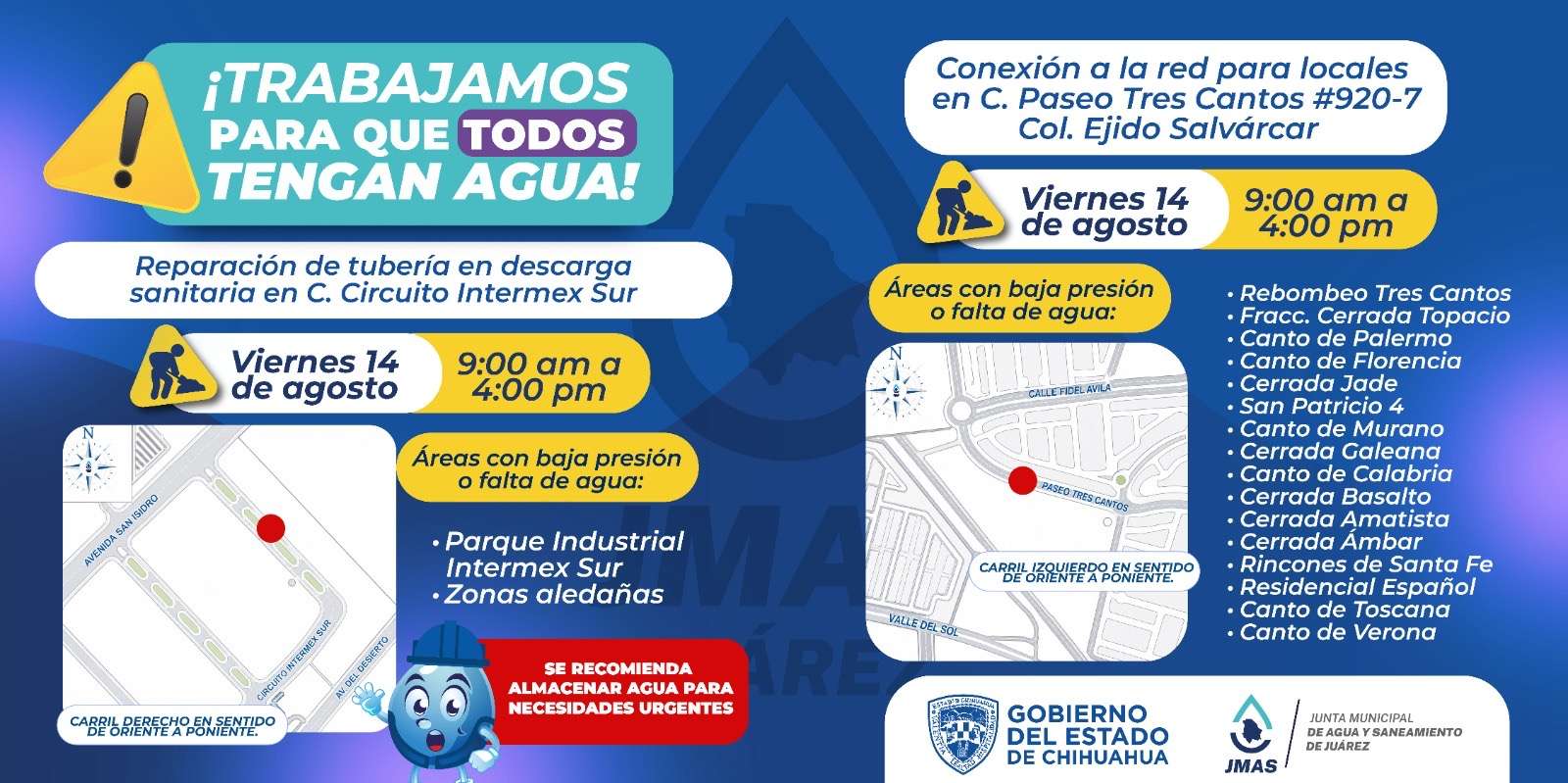 Suspenderán servicio de agua por reparación de descarga sanitaria