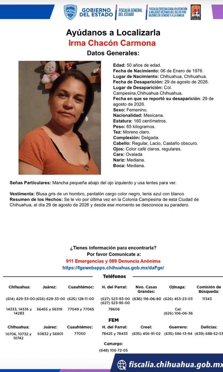 Busca FGE a Irma Chacón Carmona, desaparecida en la colonia Campesina