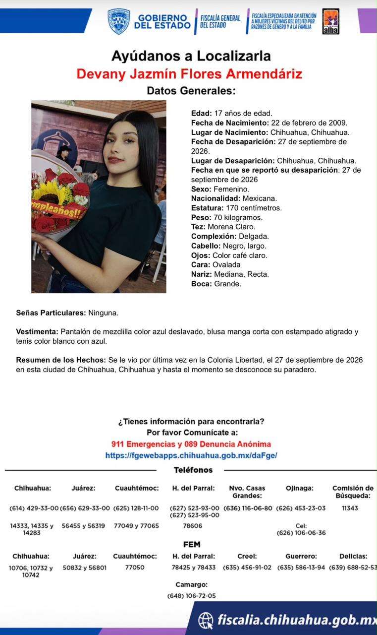 Solicitan apoyo para localizar a Devany Jazmín Flores Armendáriz 