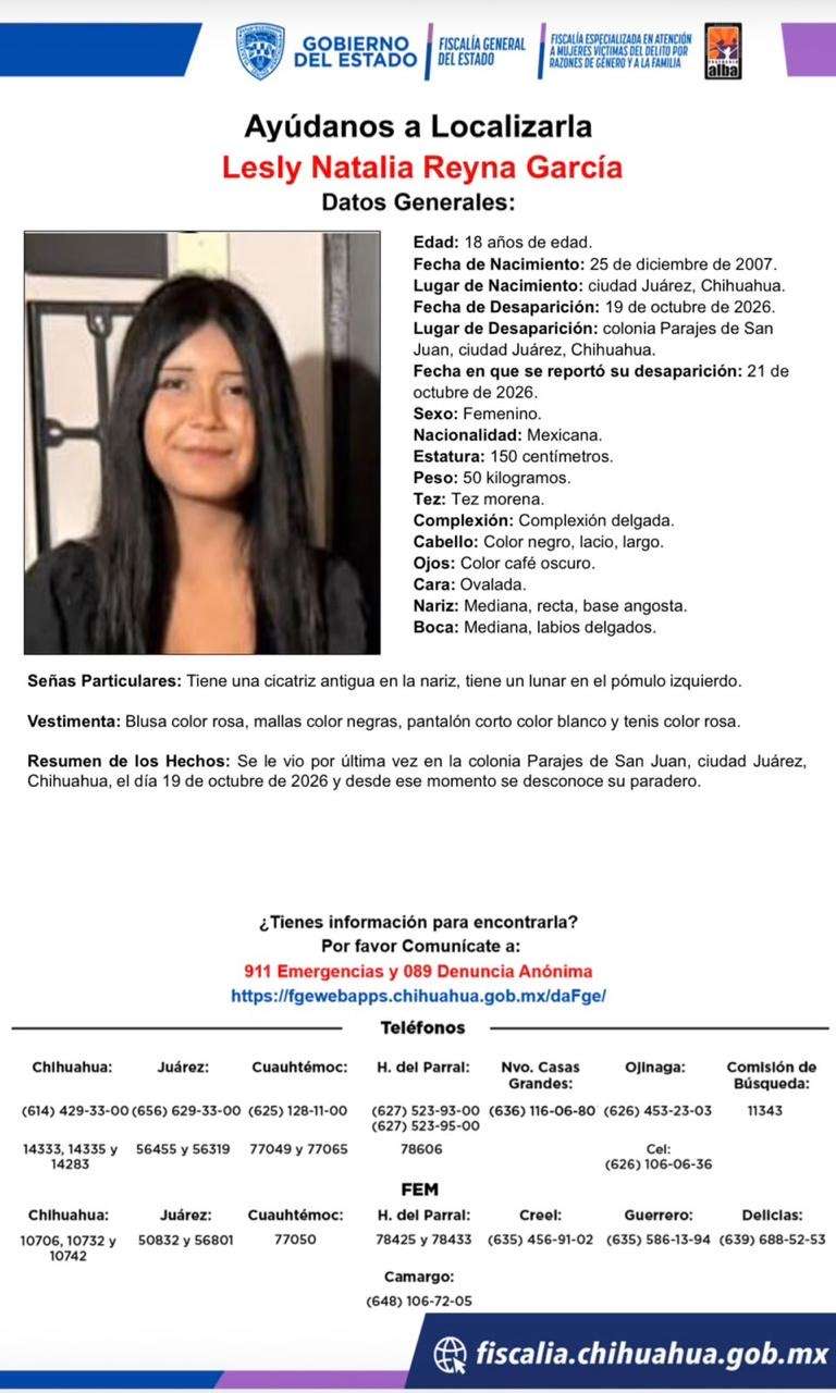 Buscan a Lesly Natalia Reyna García, desaparecida en Parajes de San Juan