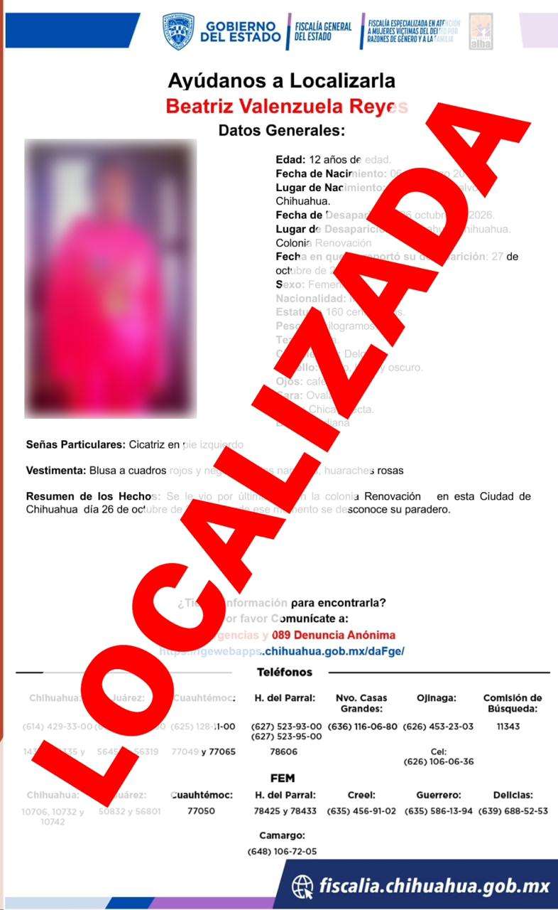 Localiza FEM a menor de 12 años con reporte de ausencia